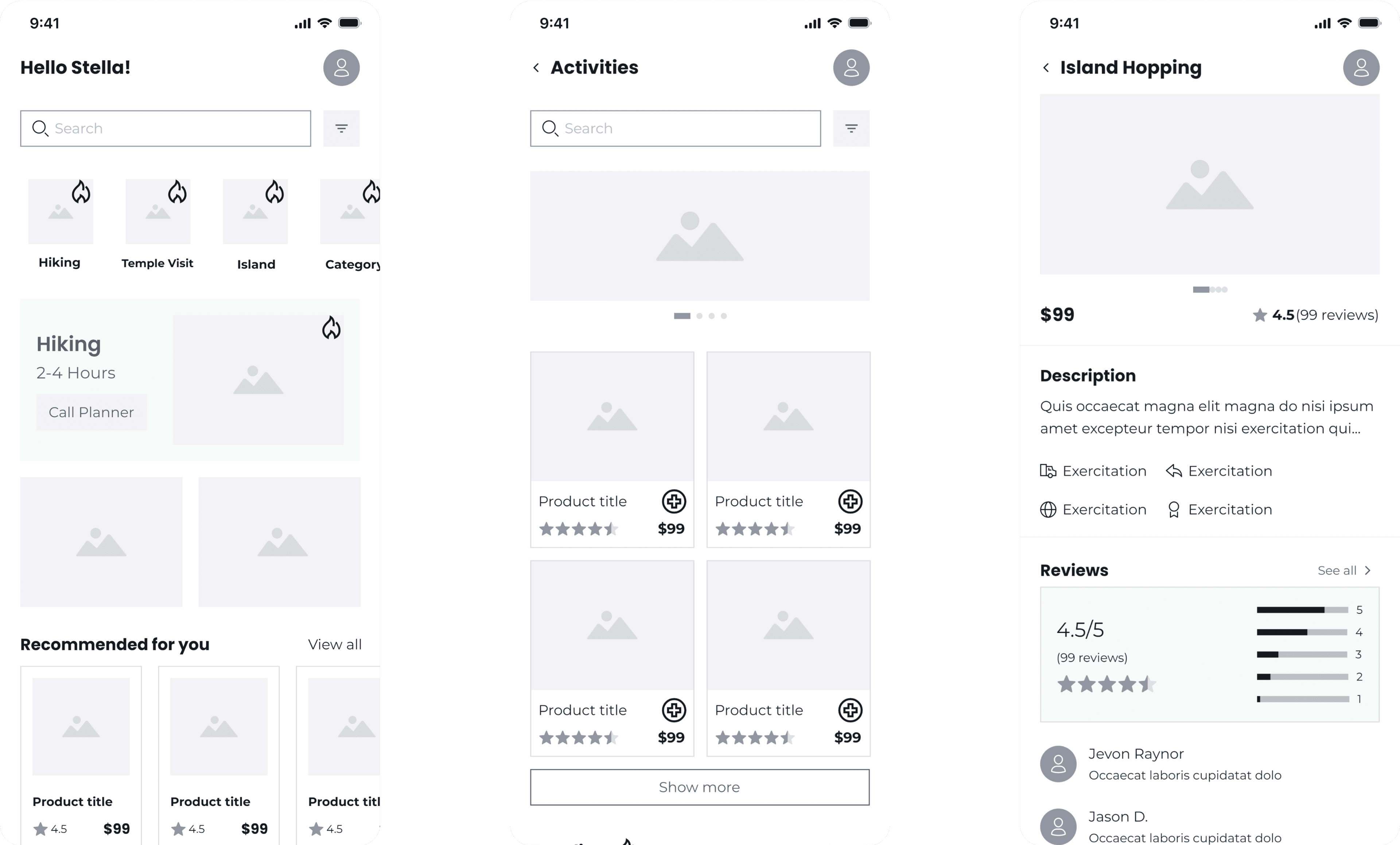 Wireframes to visualize the layout and basic Trip Split app functionalities. 1