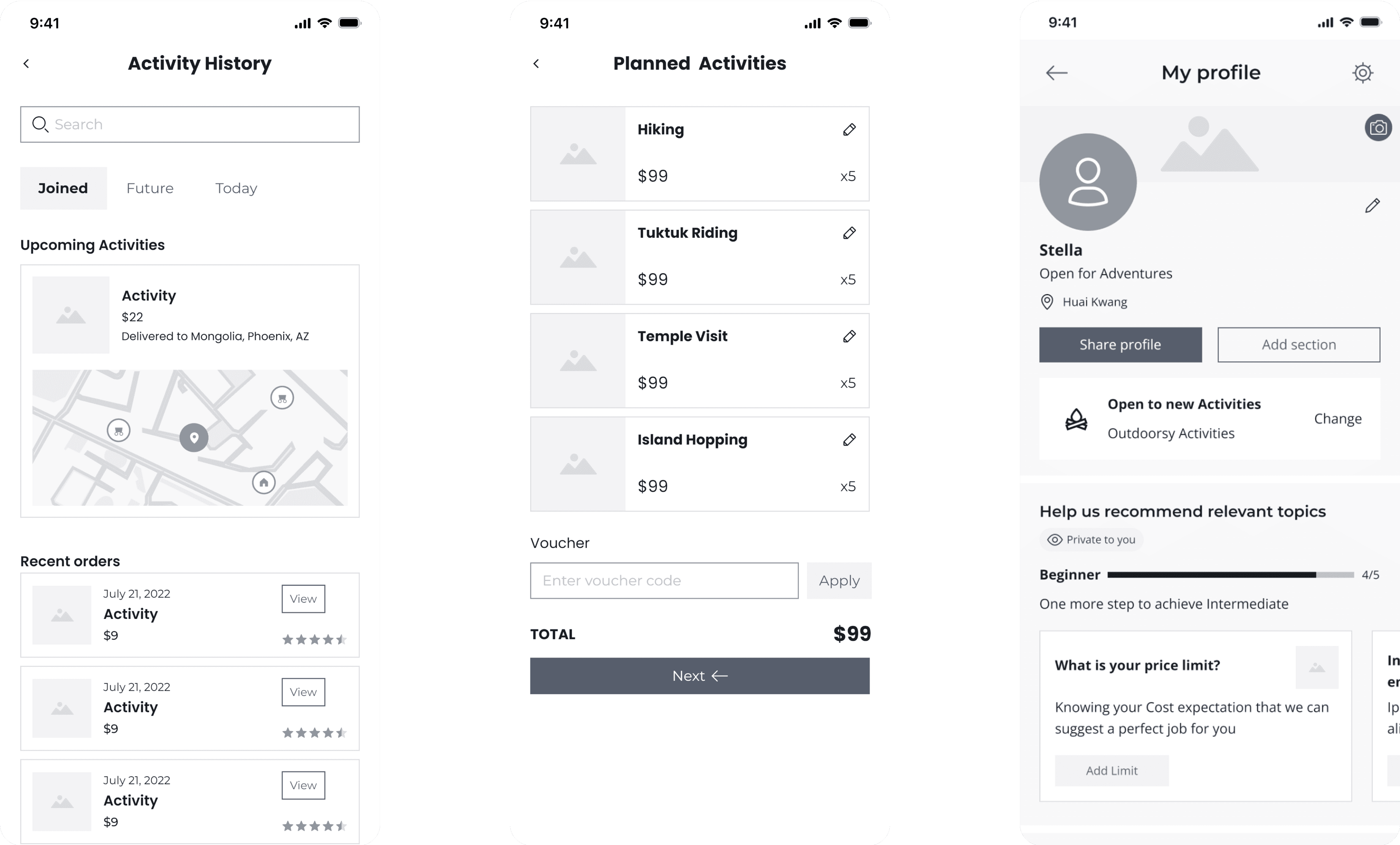 Wireframes to visualize the layout and basic Trip Split app functionalities. 2